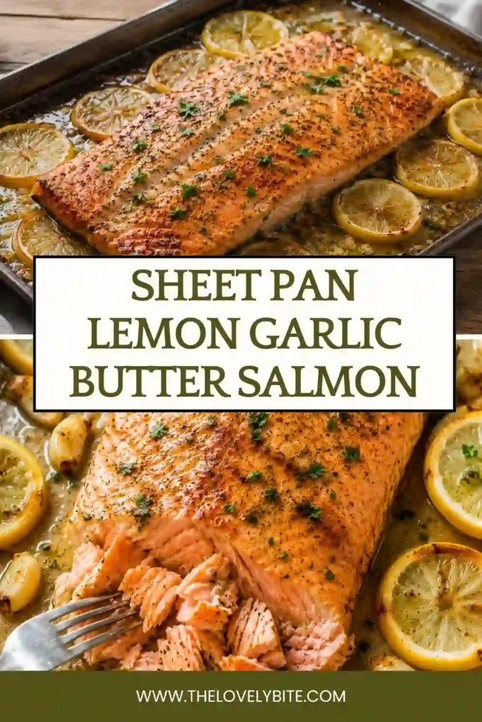 Homemade Sheet Pan Lemon Garlic Butter Salmon garnished with parsley and lemon. A simple baked salmon recipe with rich buttery flavor and fresh citrus notes.