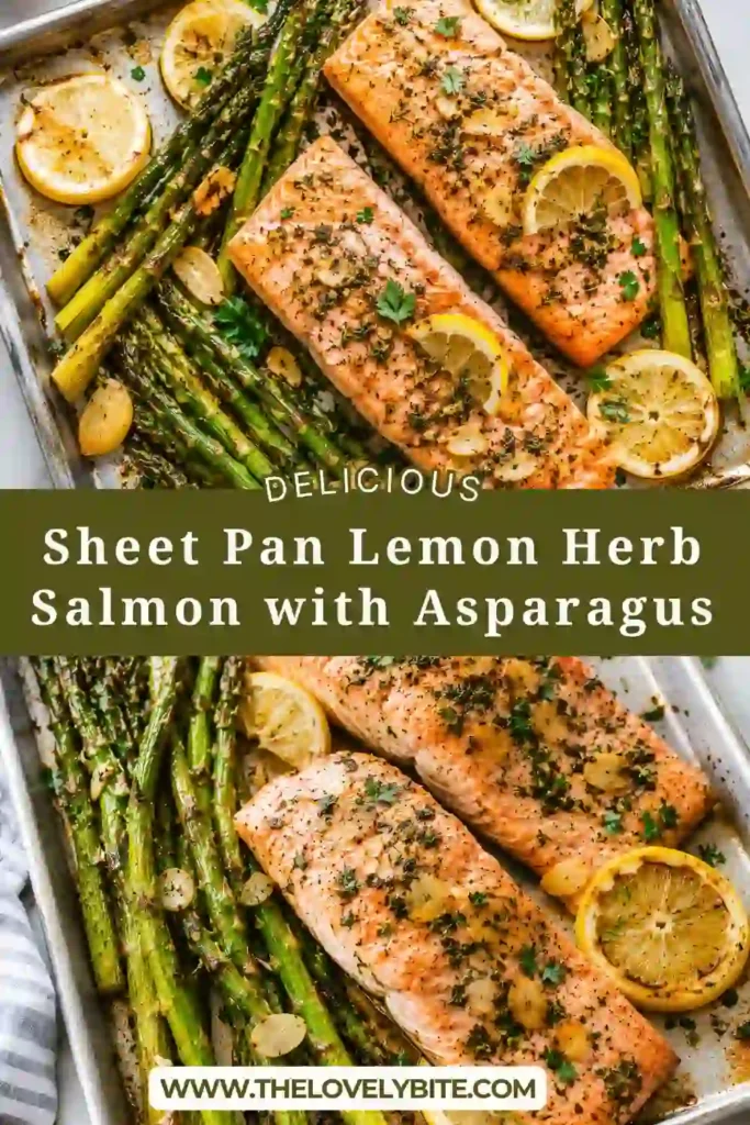 Healthy sheet pan salmon baked with fresh asparagus, garlic, lemon zest, and herbs. A colorful one-pan dinner that's easy to prepare for busy weeknights.