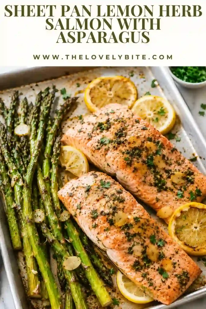 Tender baked lemon herb salmon with roasted asparagus on a parchment-lined baking sheet. This healthy salmon recipe features vibrant citrus flavors and fresh herbs.
