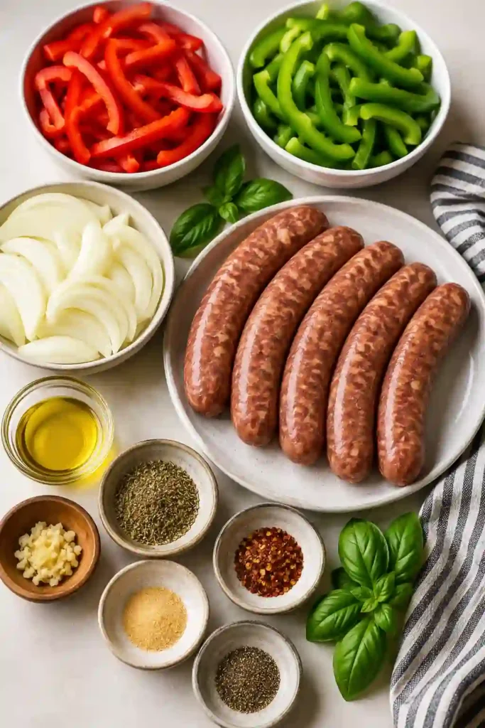 A sheet pan filled with roasted halal Italian-style sausage, colorful bell peppers, and caramelized onions fresh from the oven. This easy Sheet Pan Sausage and Peppers recipe makes a flavorful one pan family dinner.