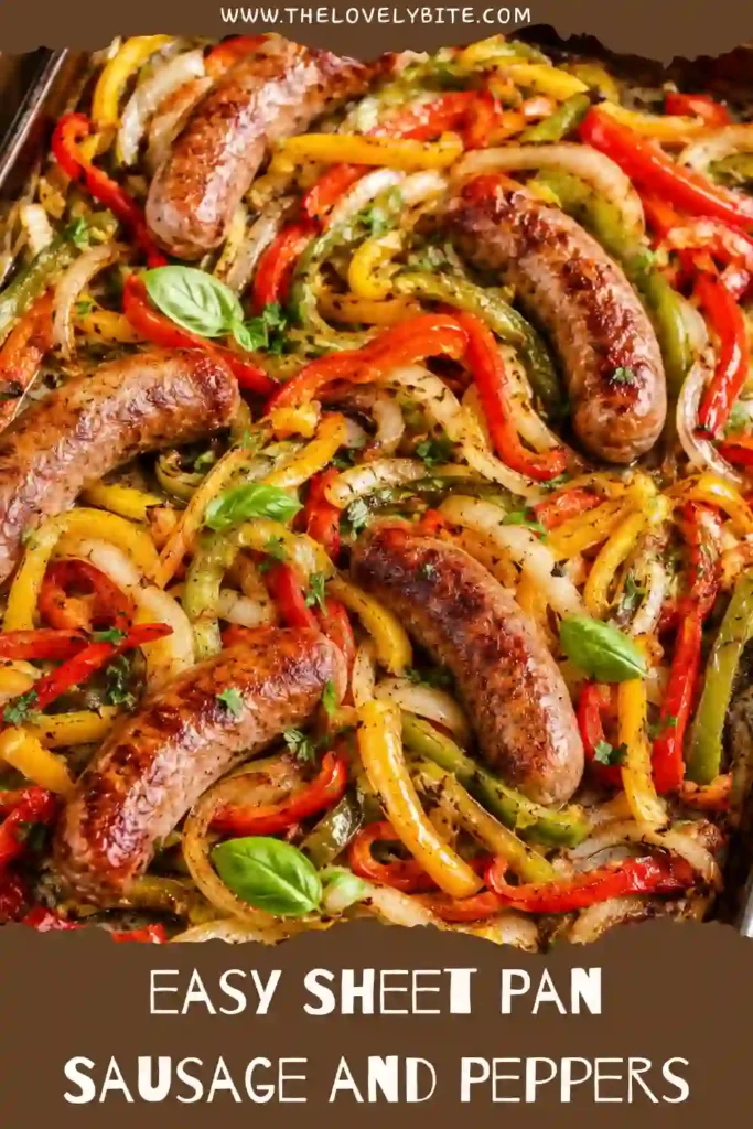 Fresh basil tops roasted halal sausage, peppers, and onions arranged on a baking sheet. Every bite delivers bold Italian-inspired flavors with minimal cleanup.