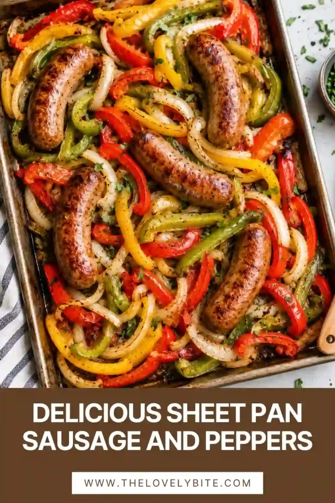 A hearty serving of Sheet Pan Sausage and Peppers paired with warm marinara sauce. This comforting one pan meal is ideal for family dinners and meal prep.