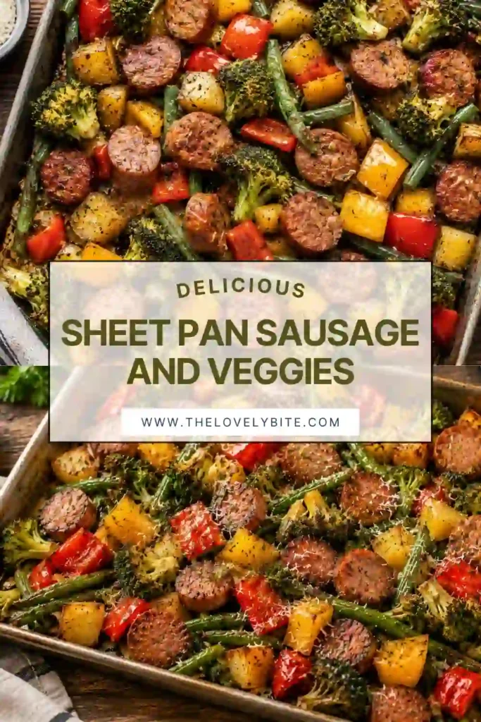 Homemade Sheet Pan Sausage and Veggies served fresh from the oven with roasted vegetables and herbs.