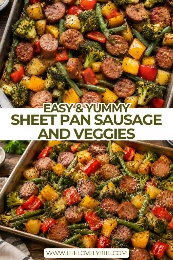 Colorful roasted vegetables and sliced halal beef smoked sausage cooked on a sheet pan until golden and crisp-tender.