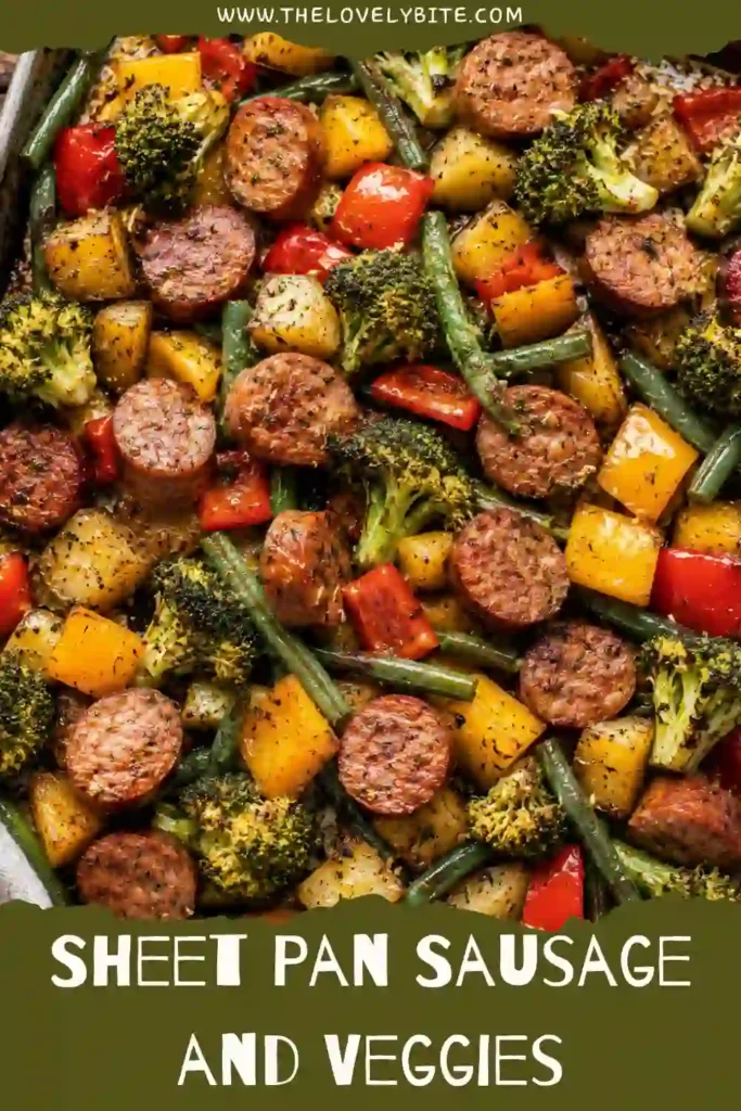 Sheet Pan Sausage and Veggies with roasted baby potatoes, broccoli, green beans, bell peppers, and halal beef smoked sausage on a baking tray.