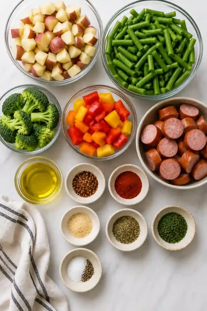 Easy sheet pan dinner featuring roasted vegetables and halal beef smoked sausage with garlic and herbs.