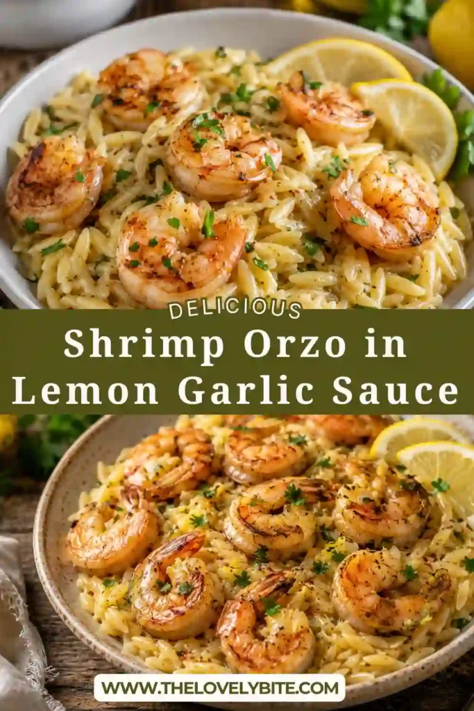 Easy Shrimp Orzo in Lemon Garlic Sauce featuring juicy shrimp tossed with lemon, garlic, fresh herbs, and tender orzo. A quick one-pan seafood meal.