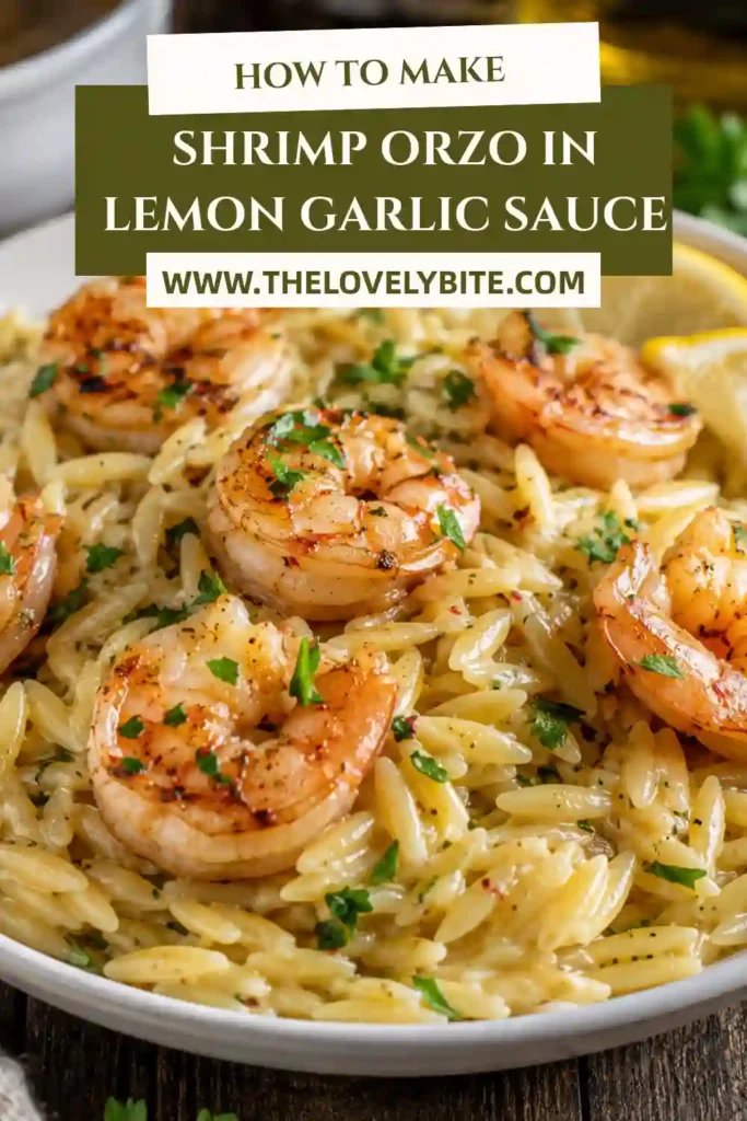Shrimp Orzo in Lemon Garlic Sauce served in a shallow bowl with tender shrimp, fresh parsley, lemon slices, and perfectly cooked orzo pasta. A light Mediterranean-inspired dinner.