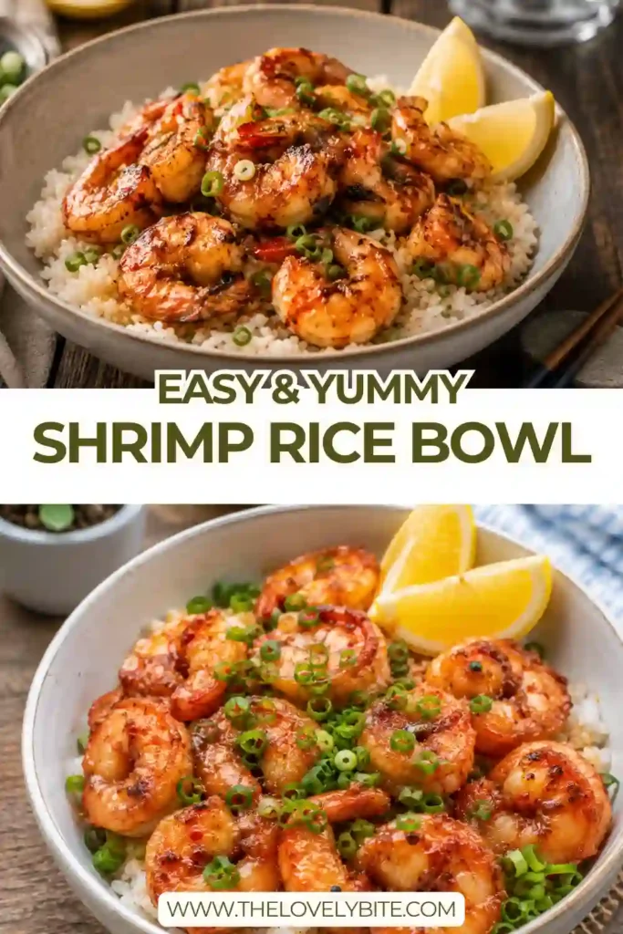 Close-up of a homemade Shrimp Rice Bowl featuring juicy shrimp, steamed rice, fresh scallions, and lemon wedges in a modern serving bowl.