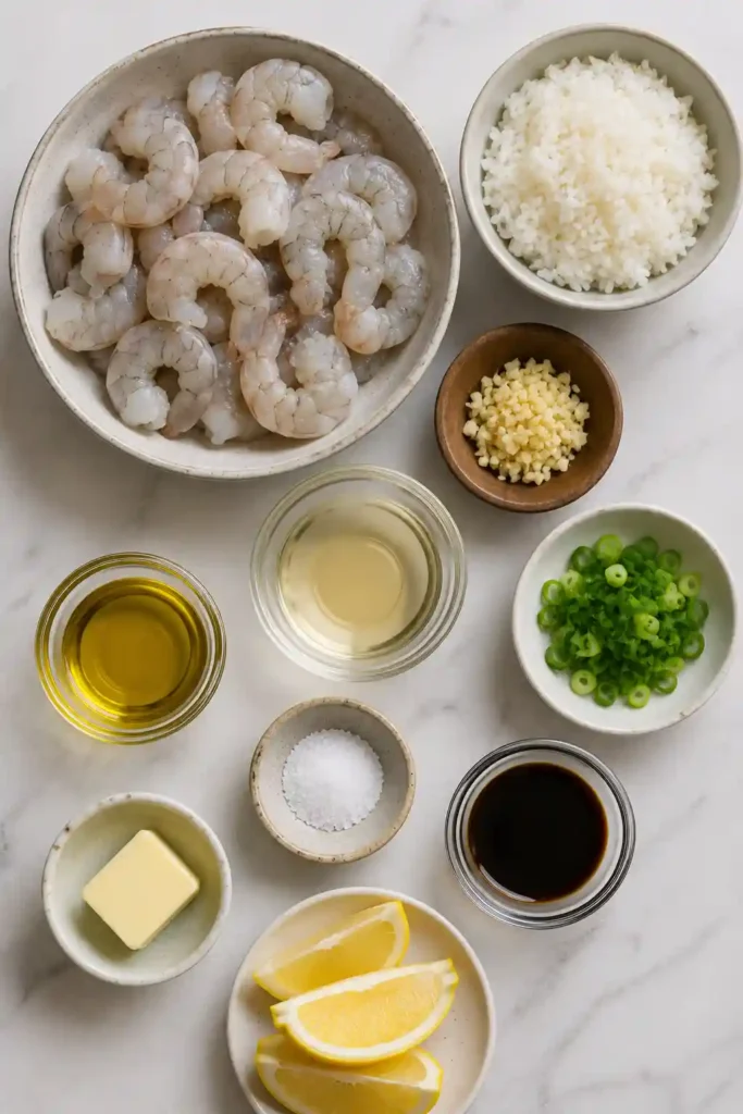 Fresh Shrimp Rice Bowl served with garlic butter shrimp, steamed rice, scallions, and lemon wedges on a wooden table.