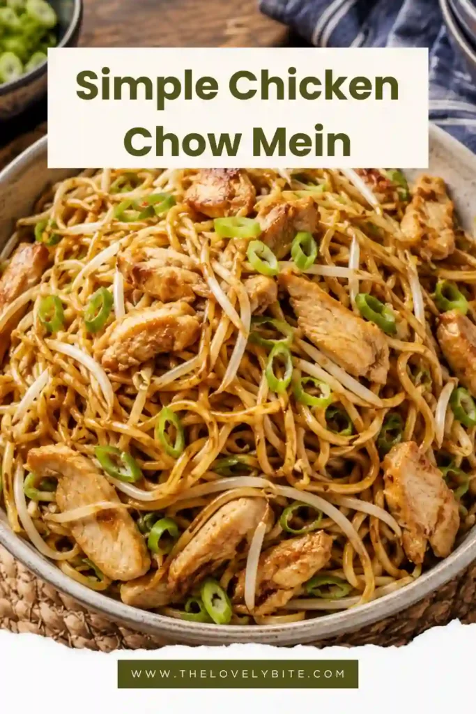 Easy chicken chow mein featuring egg noodles, soy sauce, onions, bean sprouts, and sesame oil. A homemade takeout favorite.