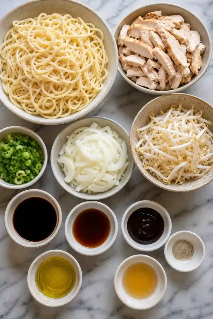 Chicken chow mein stir-fried in a wok with tender chicken, vegetables, and savory Asian-inspired sauce. Perfect for a quick weeknight meal.