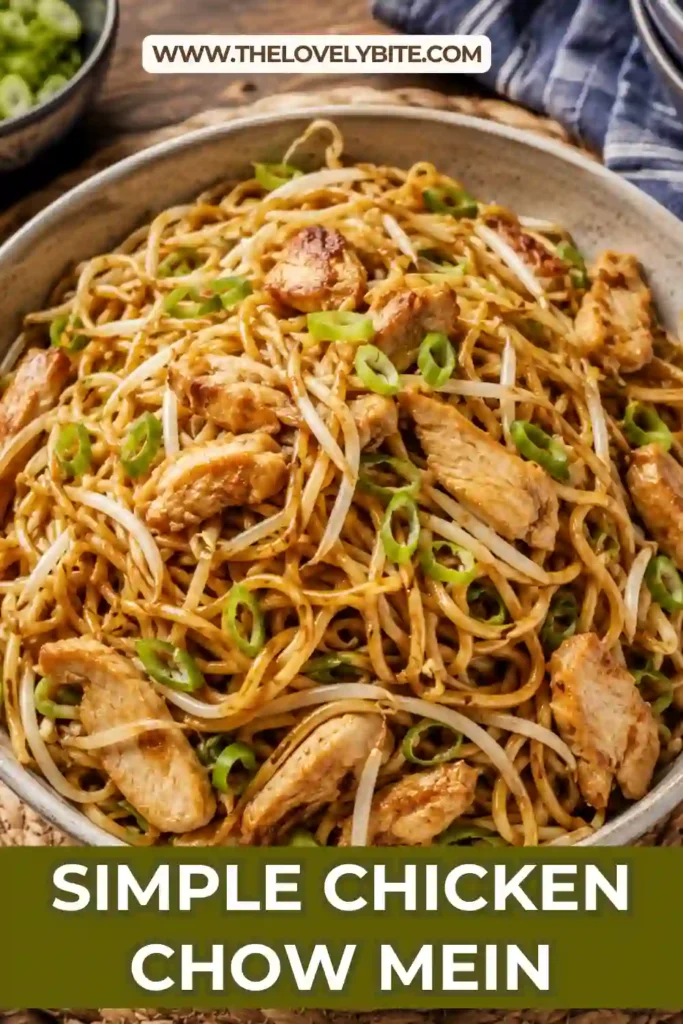 Simple Chicken Chow Mein made with tender chicken, soft egg noodles, bean sprouts, onions, and spring onions tossed in a savory soy-based stir-fry sauce.