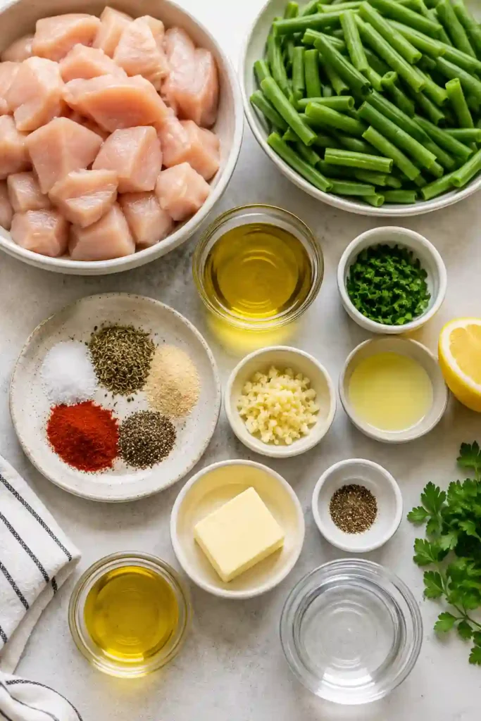 Close-up of seasoned garlic butter chicken bites with vibrant green beans cooked in a skillet and finished with fresh lemon juice and parsley. A flavorful one pan dinner everyone will enjoy.