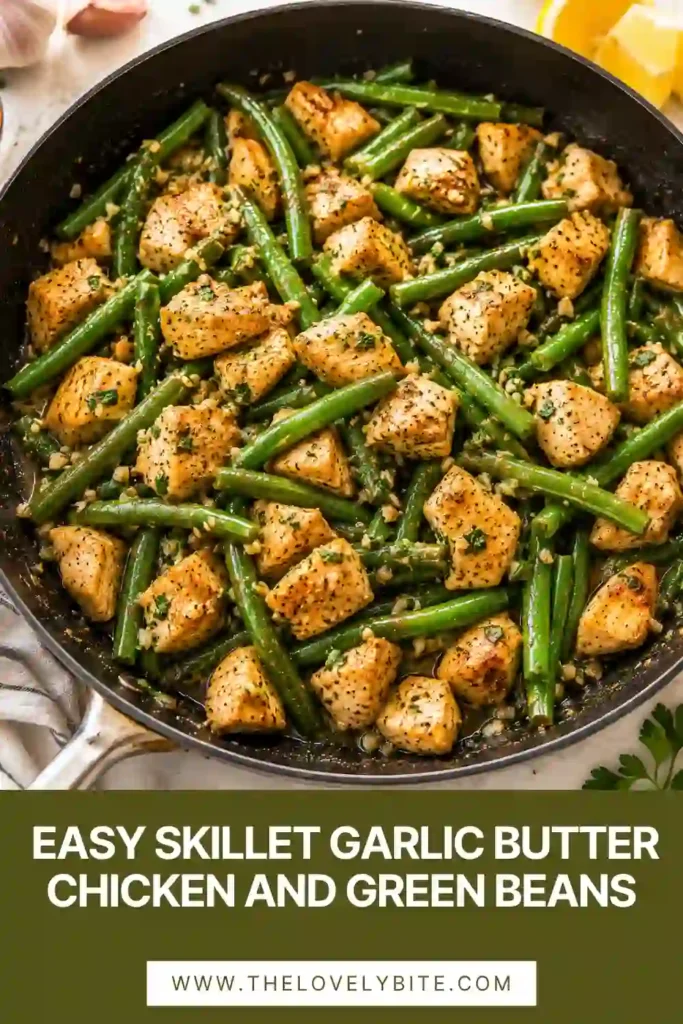 A healthy skillet garlic butter chicken recipe served with crisp green beans and fresh parsley garnish. This low carb chicken meal is ideal for quick weeknight dinners.