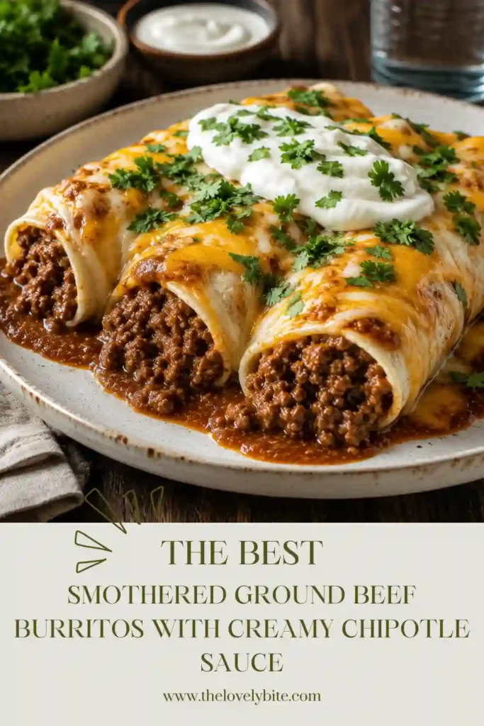 Golden baked ground beef burritos smothered in rich chipotle cream sauce and topped with melted cheddar cheese. A comforting family dinner served hot from the oven.