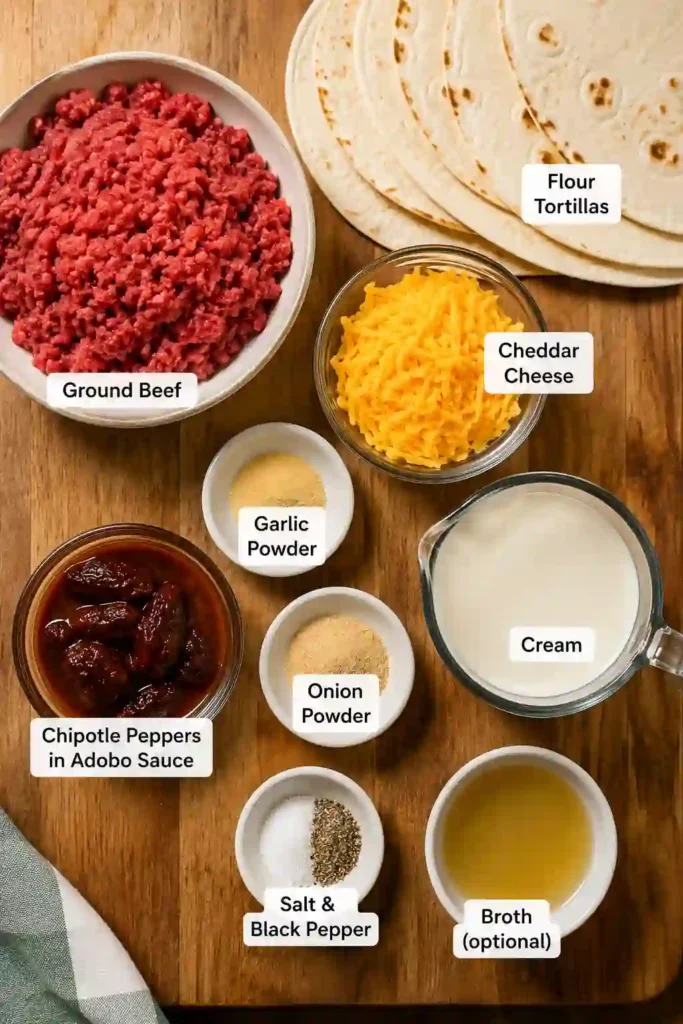 Freshly baked Smothered Ground Beef Burritos covered in creamy chipotle sauce and melted cheddar cheese. This hearty Mexican-inspired dinner is warm, cheesy, and full of smoky flavor.