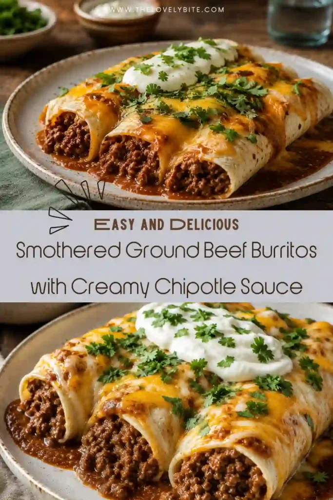 Soft flour tortillas filled with seasoned ground beef, baked with creamy chipotle sauce and gooey cheddar cheese. This easy baked burrito recipe is perfect for weeknight meals.