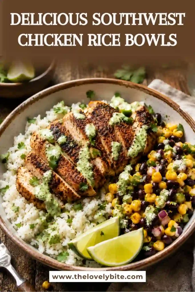 A bowl of Southwest Chicken Rice Bowls filled with sliced grilled chicken, fluffy rice, black bean corn salsa, and creamy cilantro lime dressing. This colorful meal is fresh, hearty, and perfect for healthy lunches or dinners.