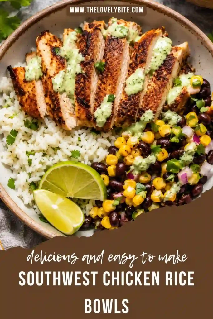 Healthy Southwest Chicken Rice Bowls topped with juicy marinated chicken, vibrant corn salsa, black beans, and fresh cilantro. Every bite is packed with bold Southwestern flavors.