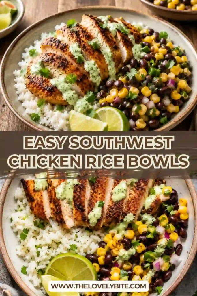Fresh chicken rice bowl recipe featuring grilled chicken, seasoned rice, black beans, sweet corn, and creamy cilantro lime dressing. A balanced meal that's perfect for meal prep.