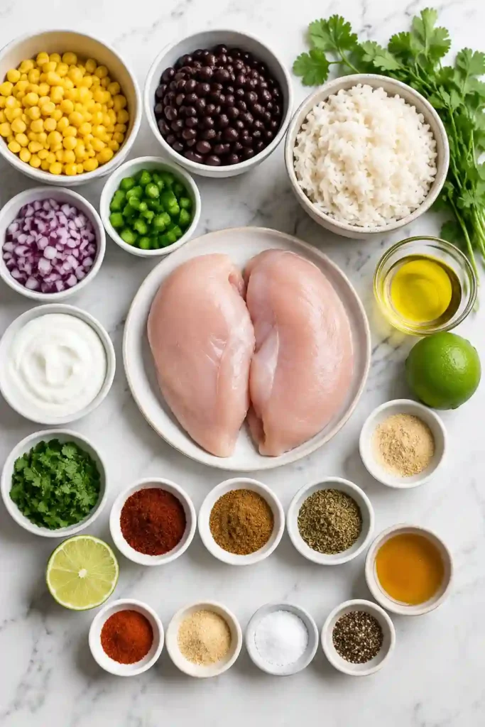 Colorful Southwest chicken bowl with grilled chicken, fluffy rice, black bean corn salsa, and creamy yogurt dressing. A wholesome dinner full of fresh ingredients and vibrant flavor.