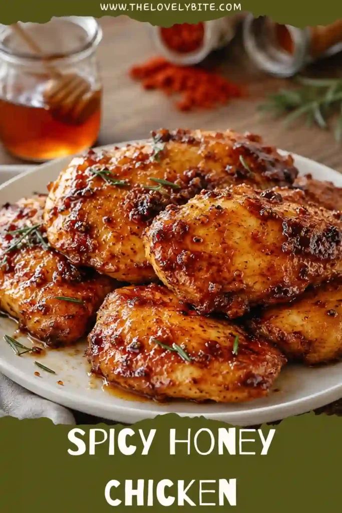 Spicy Honey Chicken with caramelized honey glaze served on a platter and garnished with fresh parsley. Juicy grilled chicken thighs coated in smoky spices.