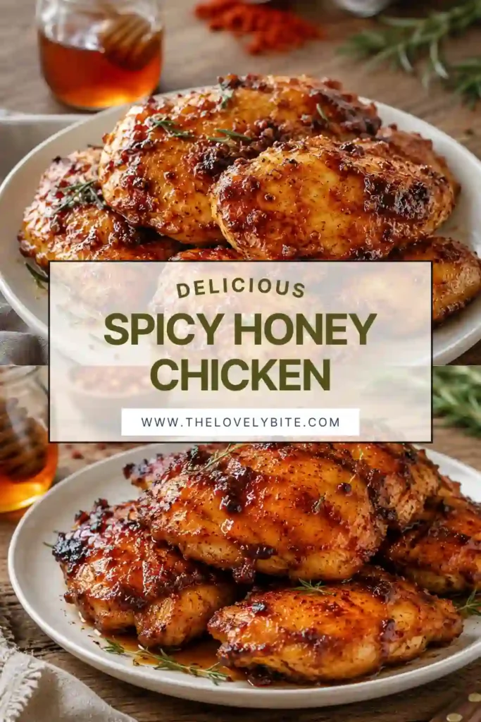 Homemade Spicy Honey Chicken featuring golden glazed chicken thighs with a sweet and spicy seasoning blend. An easy family dinner recipe.