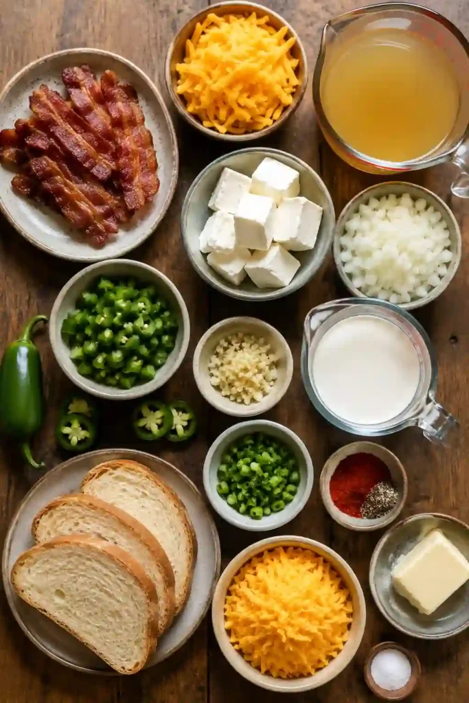 A bowl of Spicy Jalapeño Popper Soup topped with crispy turkey bacon, shredded cheddar, fresh chives, and sliced jalapeños. Golden grilled cheese dippers are served alongside for a cozy comfort food meal.