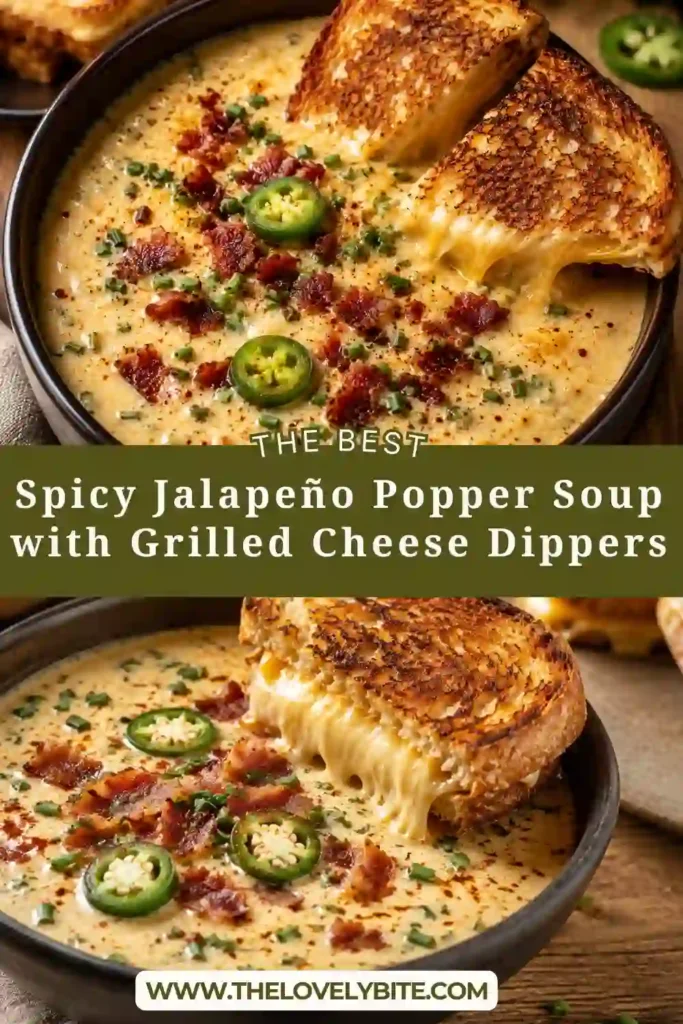Close-up of creamy Spicy Jalapeño Popper Soup topped with fresh herbs, crispy turkey bacon, and shredded cheddar cheese, served alongside toasted grilled cheese dippers.