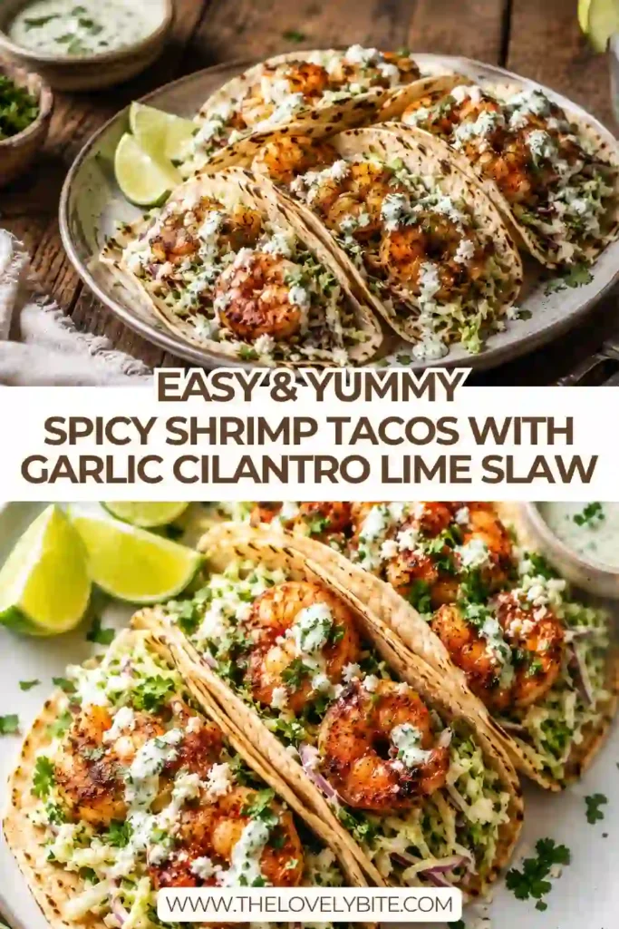 Fresh homemade Spicy Shrimp Tacos served with creamy shrimp taco sauce and crunchy garlic cilantro lime slaw. Every taco is filled with juicy shrimp and vibrant toppings.