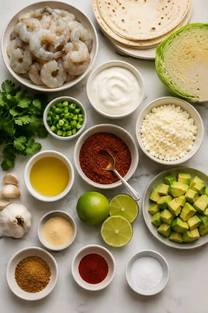 A plate of Spicy Shrimp Tacos topped with garlic cilantro lime slaw, creamy avocado, Cotija cheese, and fresh lime wedges. The tacos are colorful, fresh, and perfect for an easy weeknight dinner.