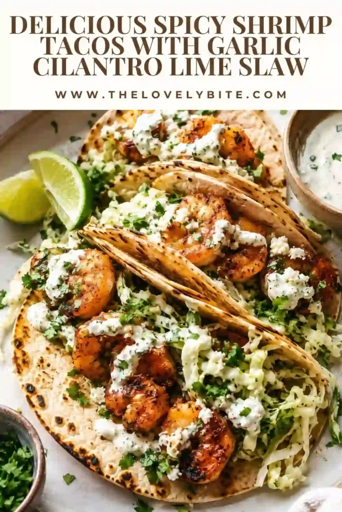Close-up of Spicy Shrimp Tacos drizzled with garlic cilantro lime sauce and topped with fresh herbs. These homemade tacos are loaded with bold flavors and colorful ingredients.