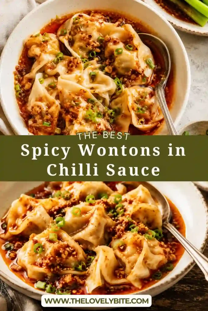 Close-up of delicate wontons covered in spicy garlic chili sauce and garnished with sliced scallions. A perfect restaurant-style dumpling dish for spice lovers.