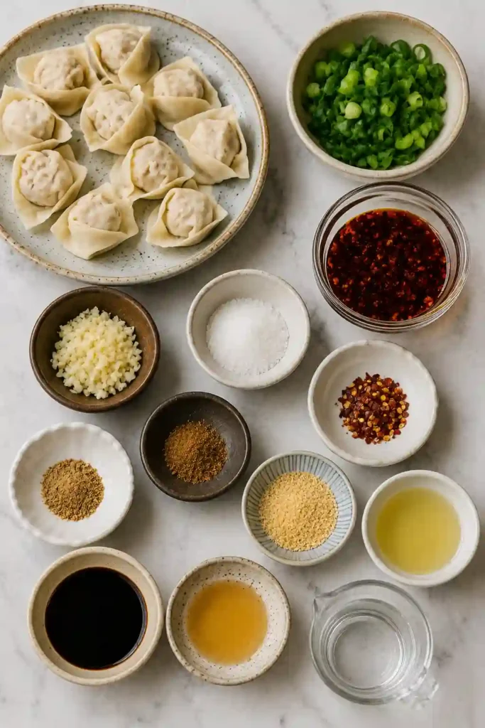 Freshly cooked wontons served with rich chili oil sauce, soy sauce, garlic, and fragrant spices. A flavorful Asian-inspired recipe ideal for lunch or dinner.