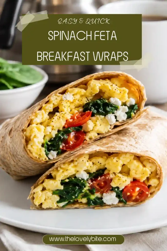 Whole-wheat breakfast wraps stuffed with scrambled eggs, fresh spinach, juicy tomatoes, and creamy feta cheese. A protein-packed Mediterranean-inspired breakfast.