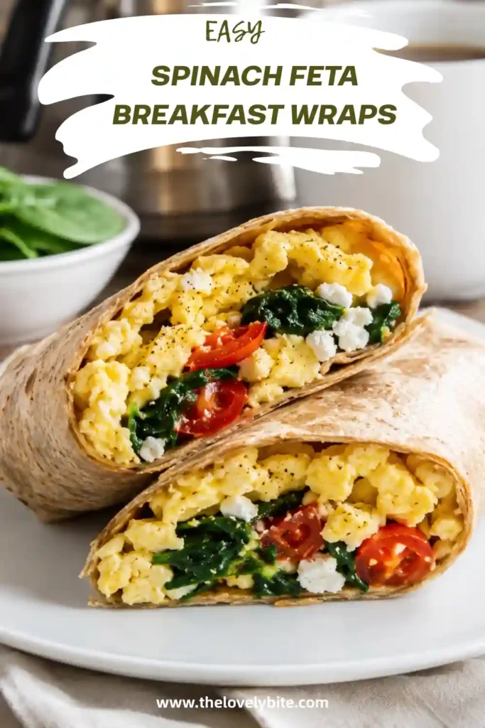 Healthy Spinach Feta Breakfast Wrap sliced in half to reveal fluffy eggs, spinach, tomatoes, and feta cheese. A freezer-friendly breakfast burrito for busy mornings.