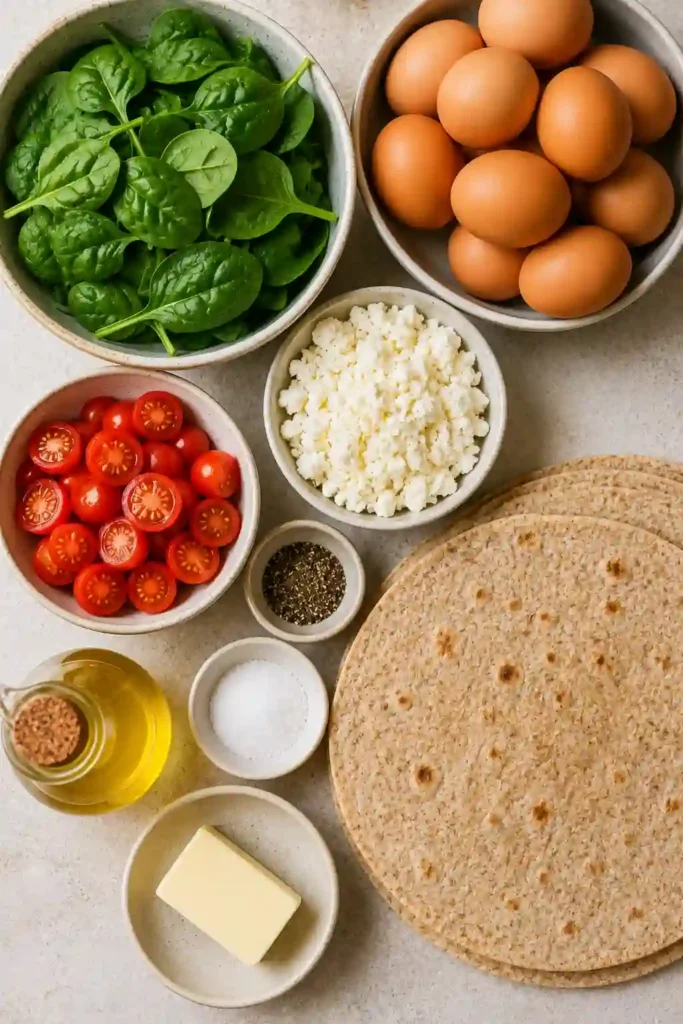 Homemade Spinach Feta Breakfast Wraps served fresh with cherry tomatoes and spinach. An easy meal prep breakfast ready for freezing or enjoying immediately.