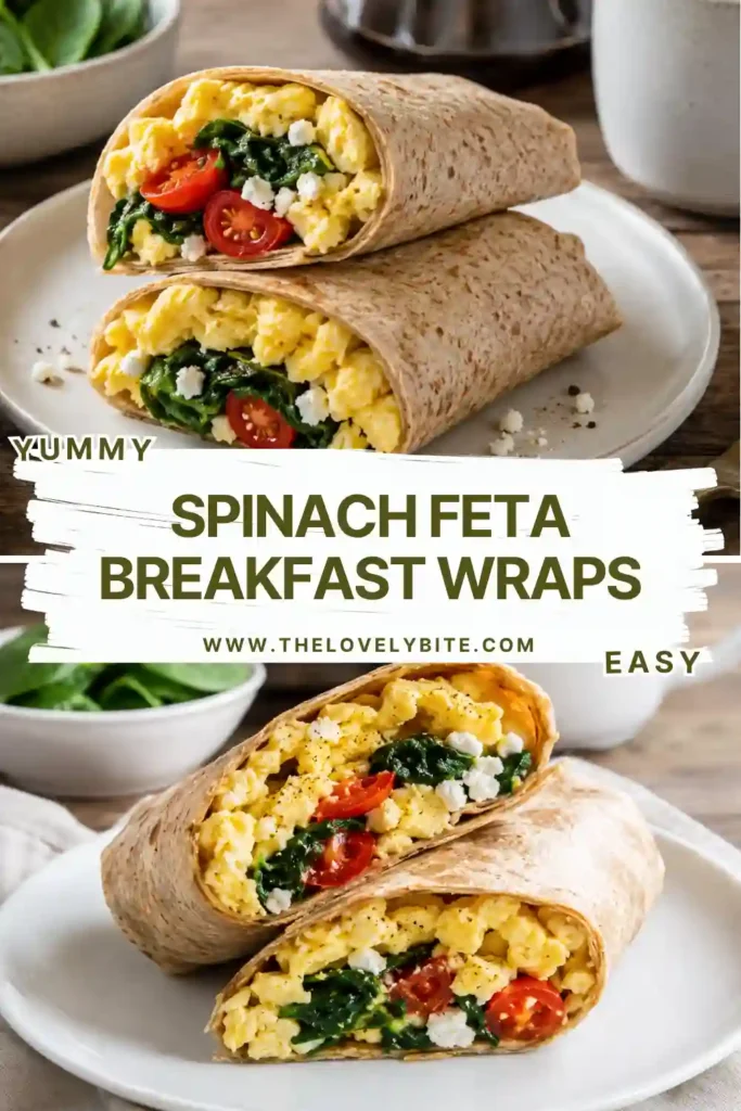 Spinach Feta Breakfast Wraps filled with scrambled eggs, wilted spinach, cherry tomatoes, and crumbled feta cheese. A healthy make-ahead breakfast wrapped in whole-wheat tortillas.