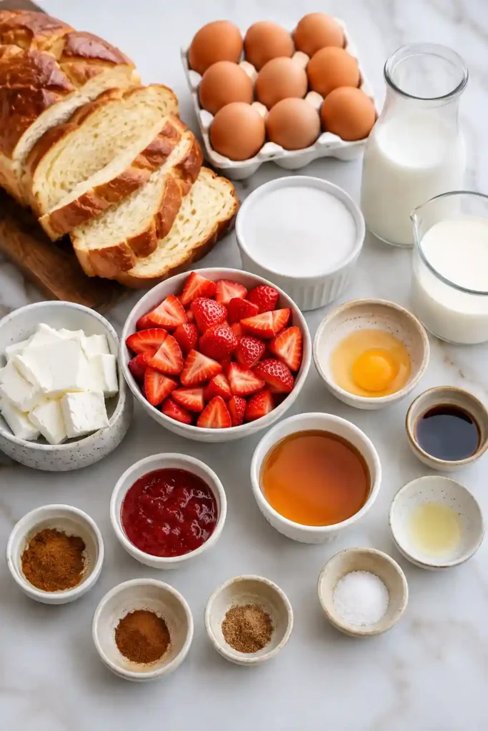 A freshly baked Strawberry Cheesecake French Toast Bake topped with juicy strawberries and drizzled with warm strawberry maple syrup. The golden brioche and creamy cheesecake filling create a rich and inviting breakfast casserole.