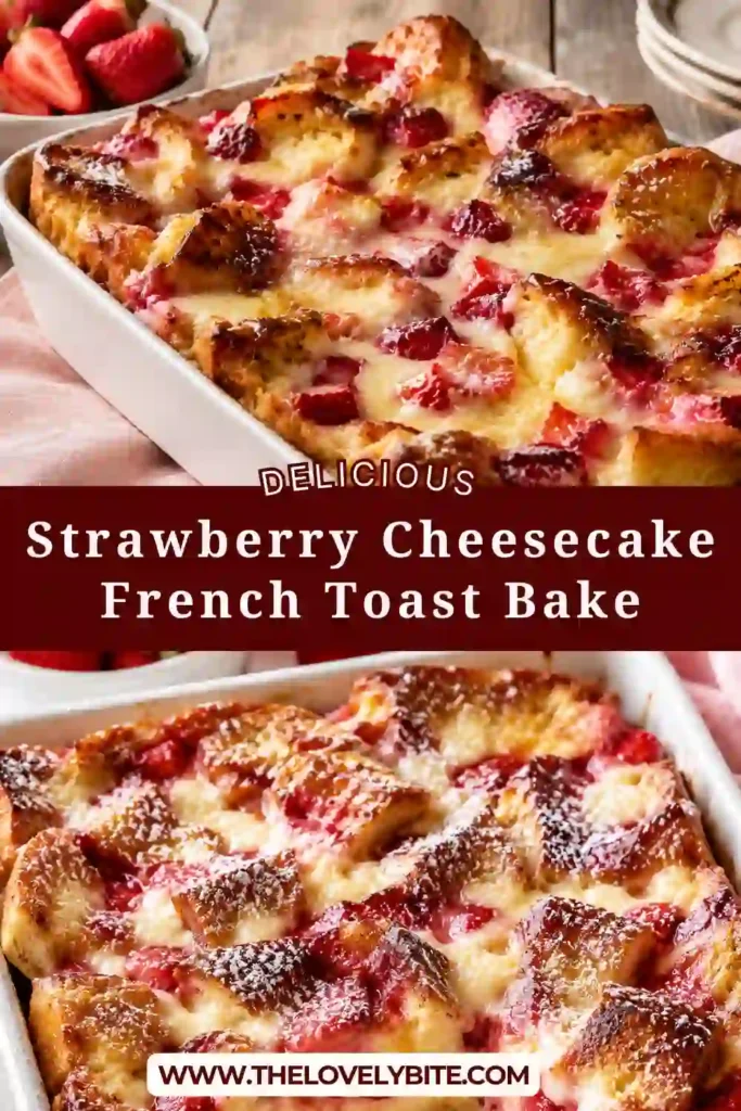 Close-up of a slice of Strawberry French Toast Casserole made with buttery brioche, fresh strawberries, and creamy cheesecake layers. The baked custard creates a soft and luscious texture.