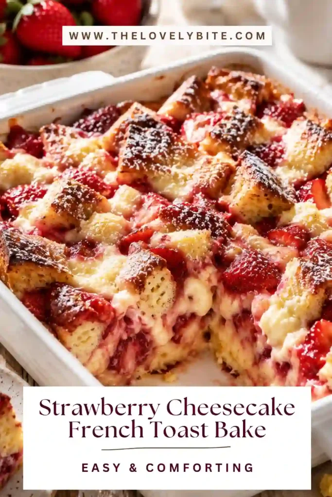 A homemade Brioche French Toast Bake fresh from the oven with golden edges, creamy cheesecake filling, and vibrant strawberries. Perfect for holiday brunches and make-ahead breakfasts.