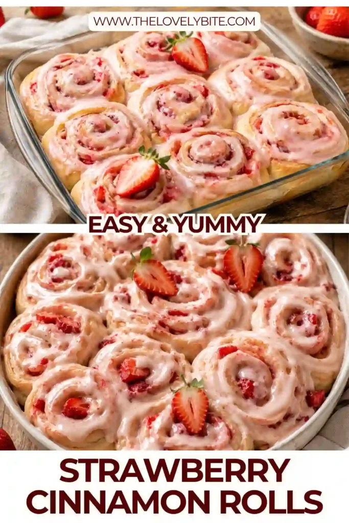 Freshly baked Strawberry Cinnamon Rolls covered in creamy strawberry cream cheese frosting with fresh strawberry slices on top. These homemade breakfast rolls have soft layers and a golden finish.