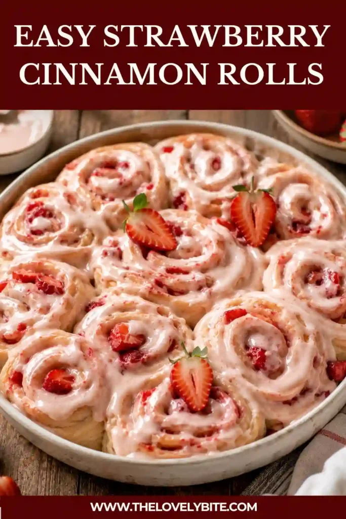 Homemade strawberry sweet rolls served warm with thick strawberry cream cheese frosting. The fluffy layers reveal sweet strawberry filling in every bite.