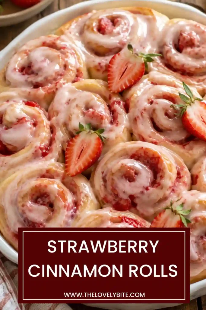 Fresh Strawberry Cinnamon Rolls arranged in a baking dish with glossy strawberry frosting and fresh berries. The soft rolls are baked until perfectly golden.