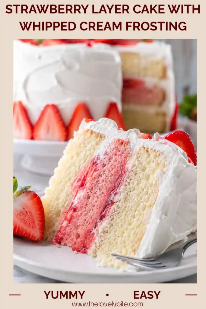 Homemade strawberry layer cake frosted with stabilized whipped cream and decorated with fresh strawberries. Perfect for birthdays and summer parties.