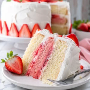 Fresh strawberry layer cake with whipped cream frosting, freeze-dried strawberry garnish, and juicy strawberries on top. A stunning bakery-style cake.