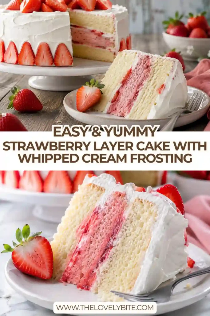 Three-layer strawberry cake with fluffy whipped cream frosting, fresh strawberry filling, and whole strawberries decorating the top. An elegant homemade celebration cake.