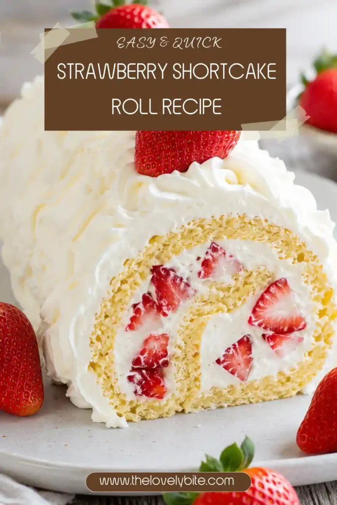 Fresh Strawberry Shortcake Roll decorated with whipped cream rosettes and ripe strawberries. A light sponge cake creates a beautiful swirl in every slice.