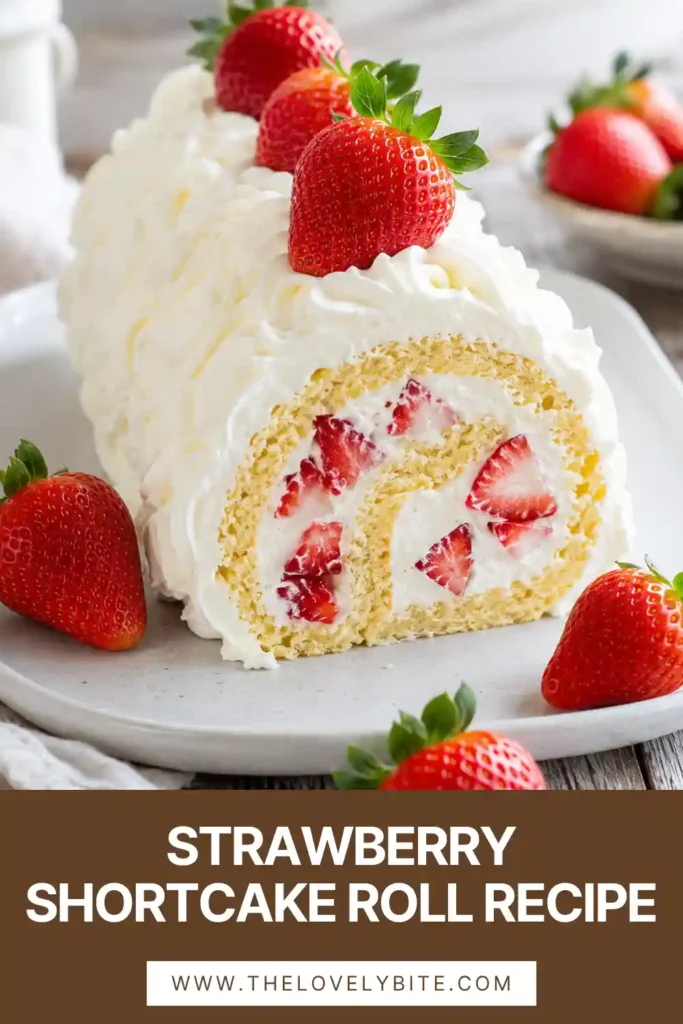 Slices of homemade Strawberry Shortcake Roll with cream cheese whipped filling and fresh strawberries. This elegant cake roll is perfect for spring and summer desserts.